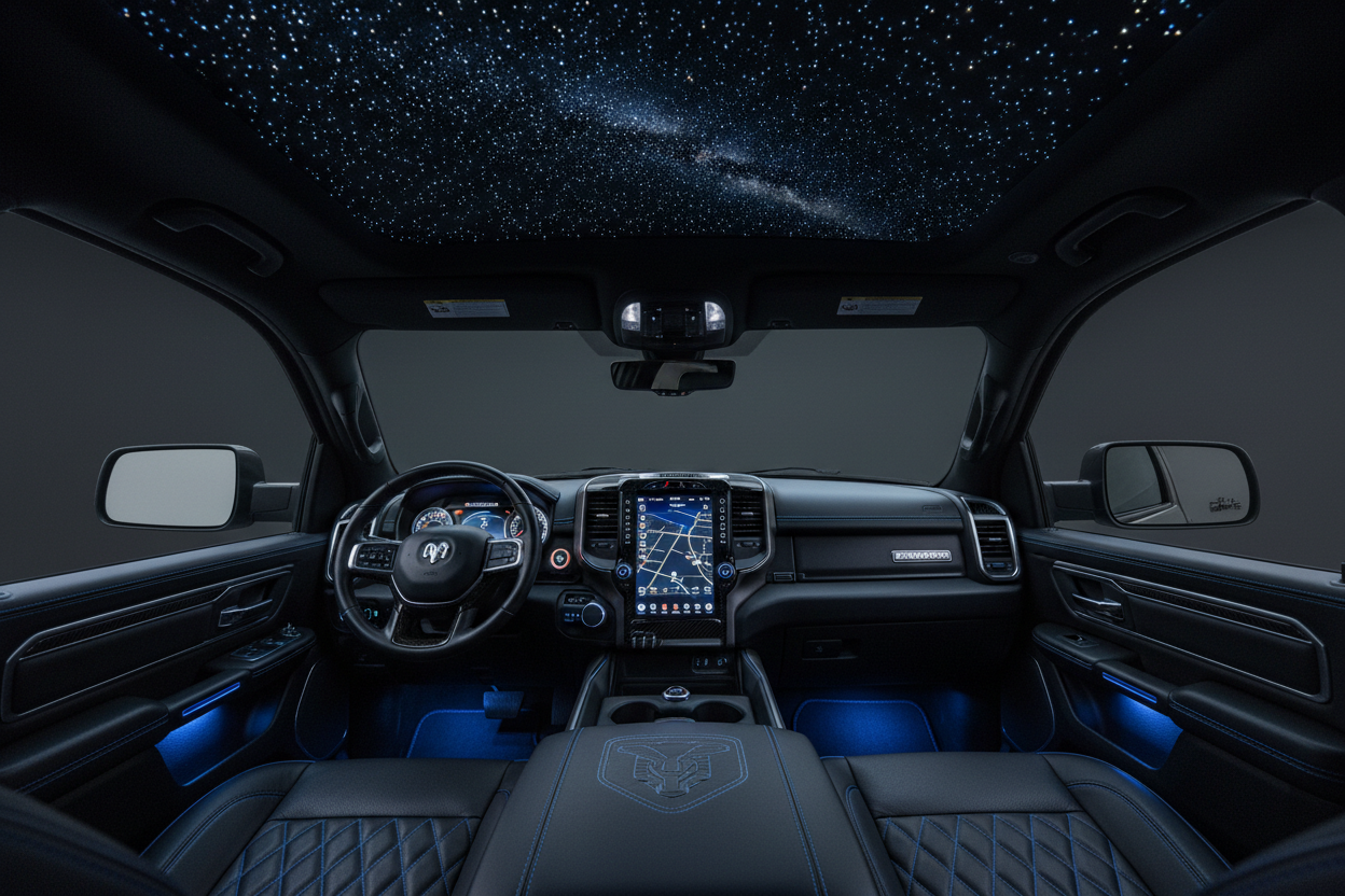 The front interior of a black pickup truck with a starry galaxy ceiling map, blue ambient lighting, and a large central touchscreen display.