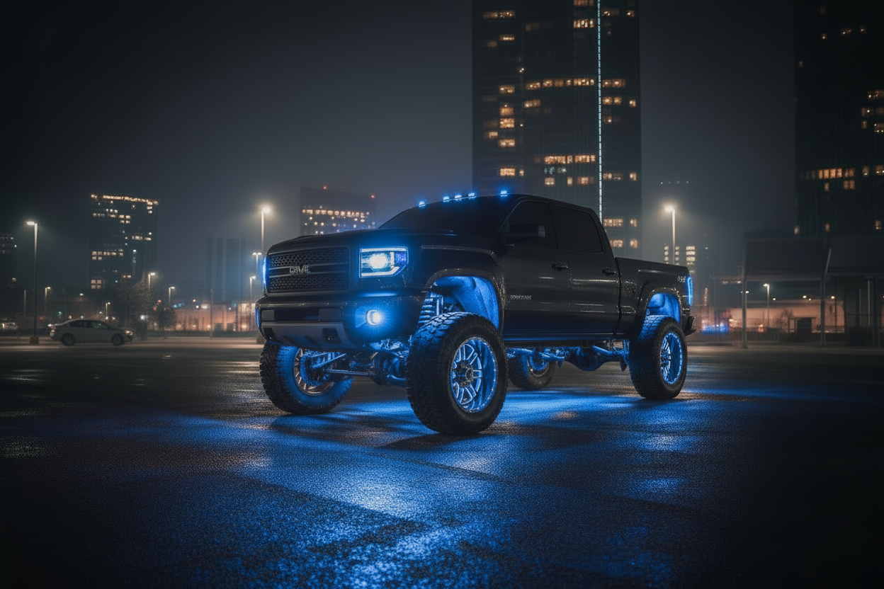 A black lifted pickup truck with glowing red underglow and wheel lights, parked on a wet city street at night with tall illuminated buildings in the background.